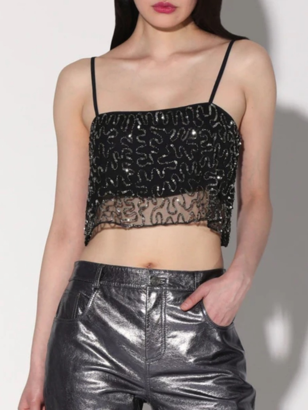 NWT Walter Baker Black Shimmer Sequin Cropped Cami - Party Glam Sz S